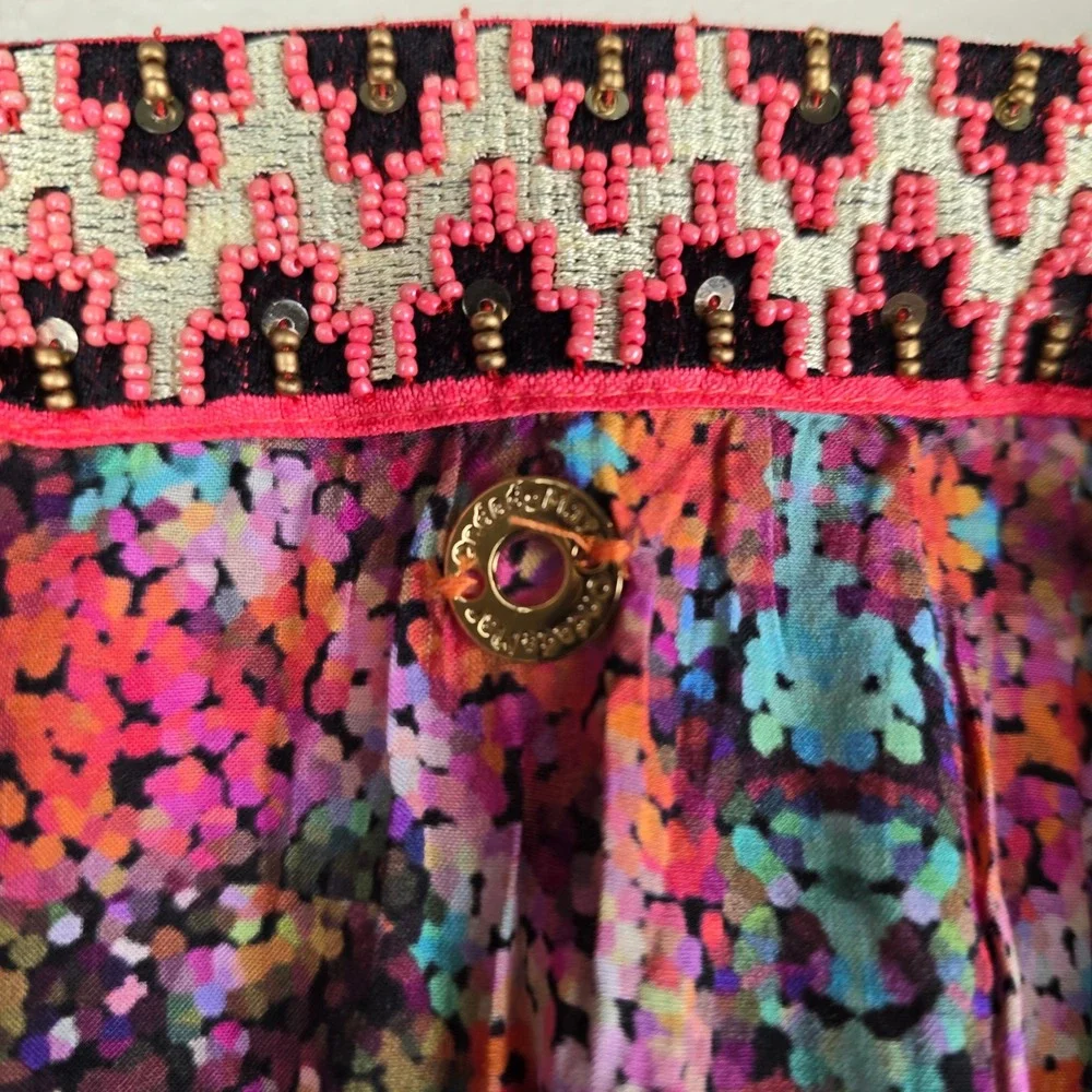 OndadeMar Boho Kaftan Swim Cover‎ Up Small Multicolor Beaded Sequin Waist